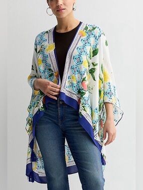 Nine West Floral Lemon Print Kimono with Blue Trim- O/S NWT